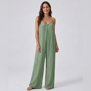 Boho Ruffle Trim Loose Fitting Wide Leg Jumpsuit Green